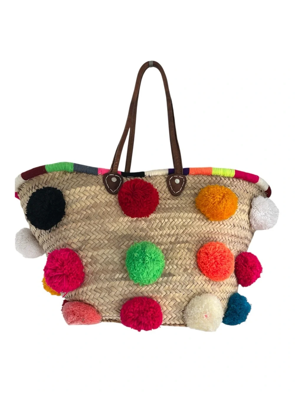 Soeur du Maroc Oversized Straw Beach Bag Multicolored Pom Pom Tote